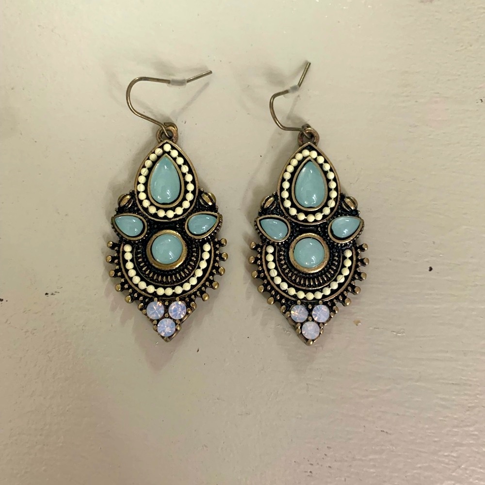 teal and cream statement earrings